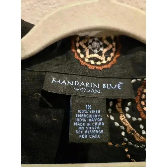 Mandarin Blue Women's Embroidered Black Linen Jacket 1X Button-Up Boho Artsy - Picture 8 of 11